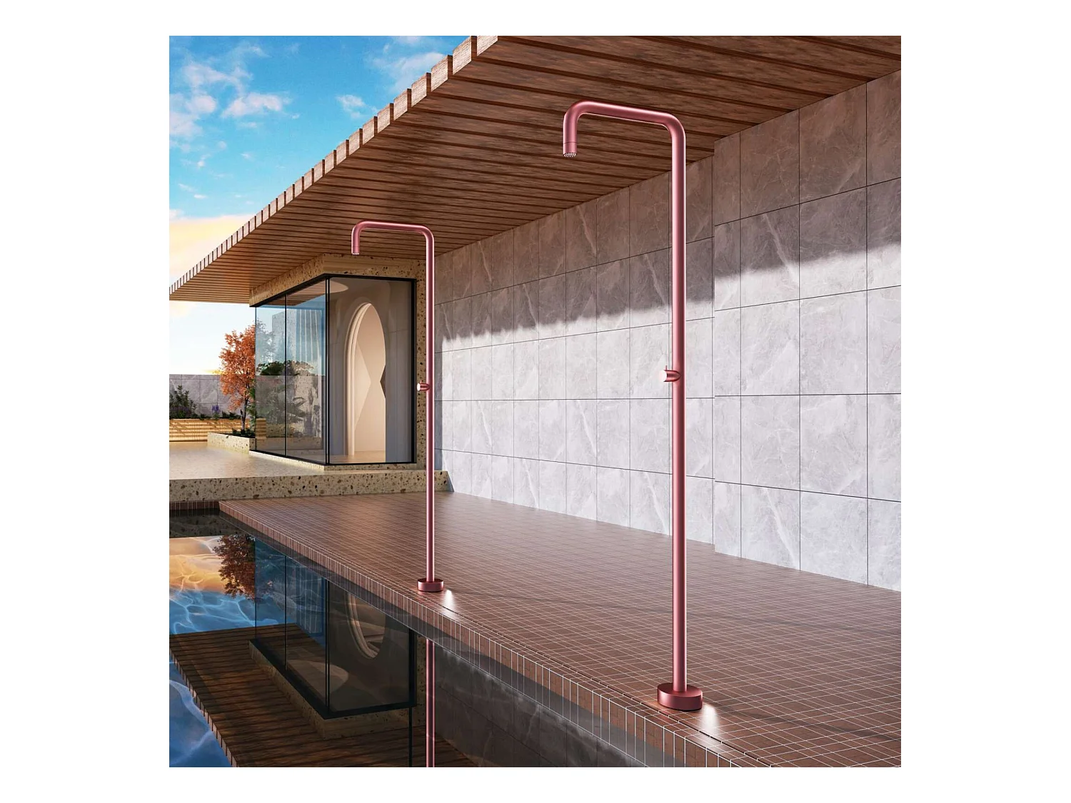 Douche de piscine Utah en Acier Inox.S316 Rose Corail – Tête Ø50cm /Corps Ø50mm/H. 2,36m – Garantie 10 ans - POOLIMEX