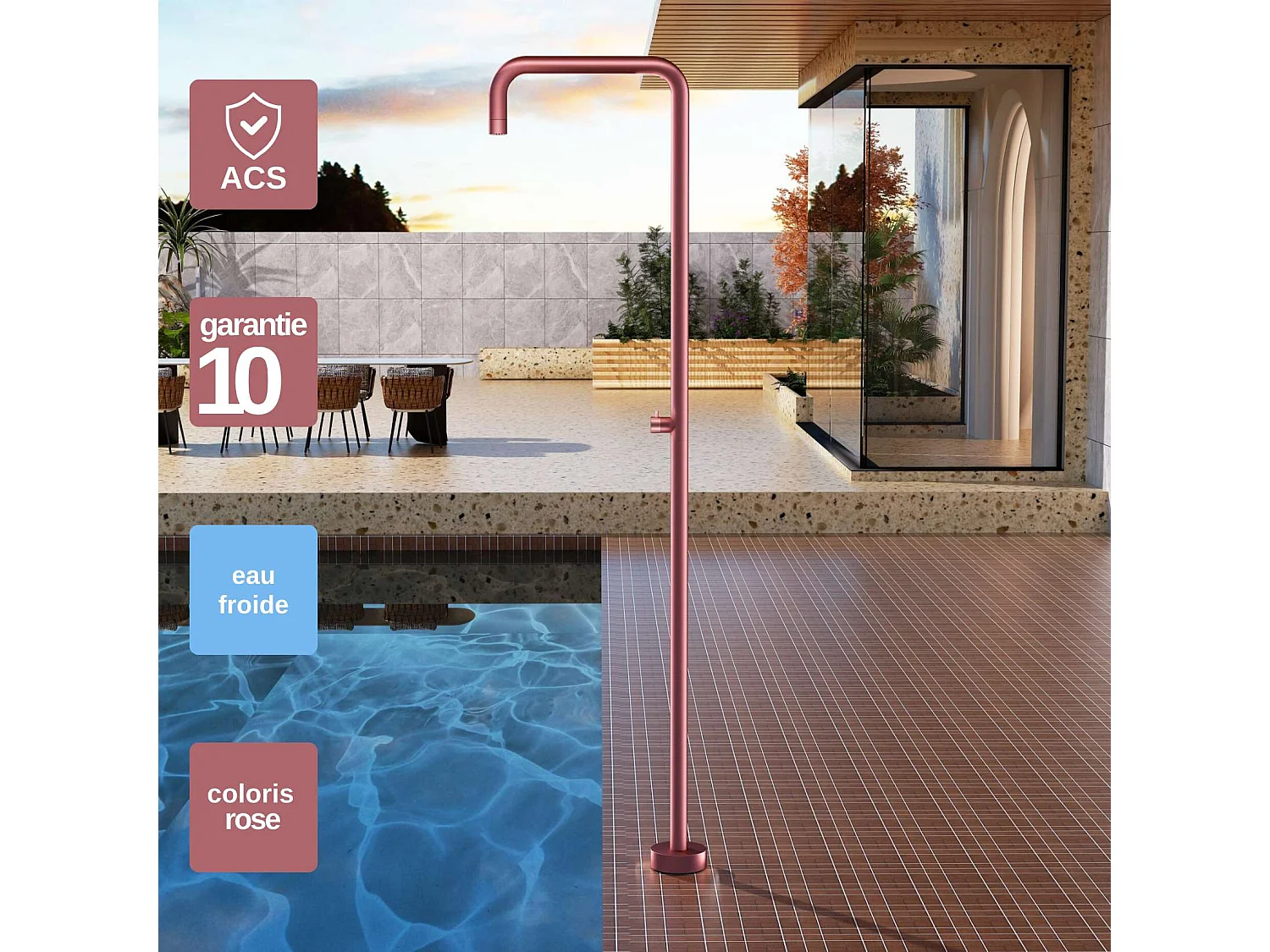 Douche de piscine Utah en Acier Inox.S316 Rose Corail – Tête Ø50cm /Corps Ø50mm/H. 2,36m – Garantie 10 ans - POOLIMEX