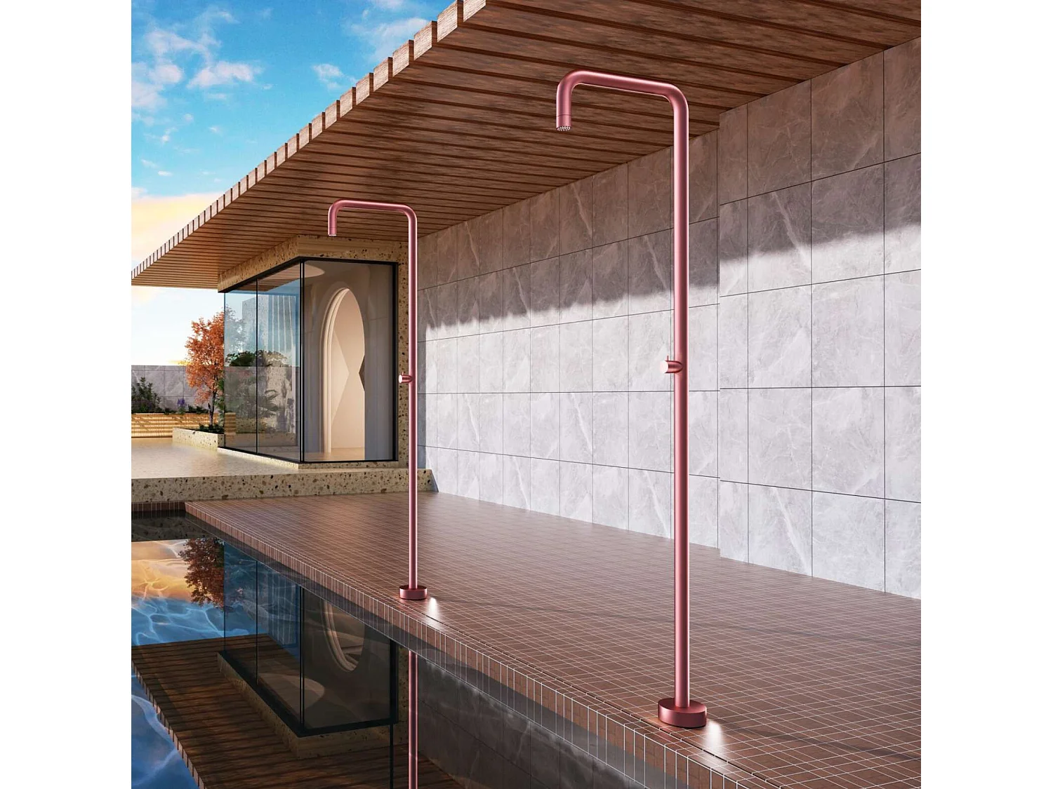 Douche de piscine Utah en Acier Inox.S316 Rose Corail – Tête Ø50cm /Corps Ø50mm/H. 2,36m – Garantie 10 ans - POOLIMEX