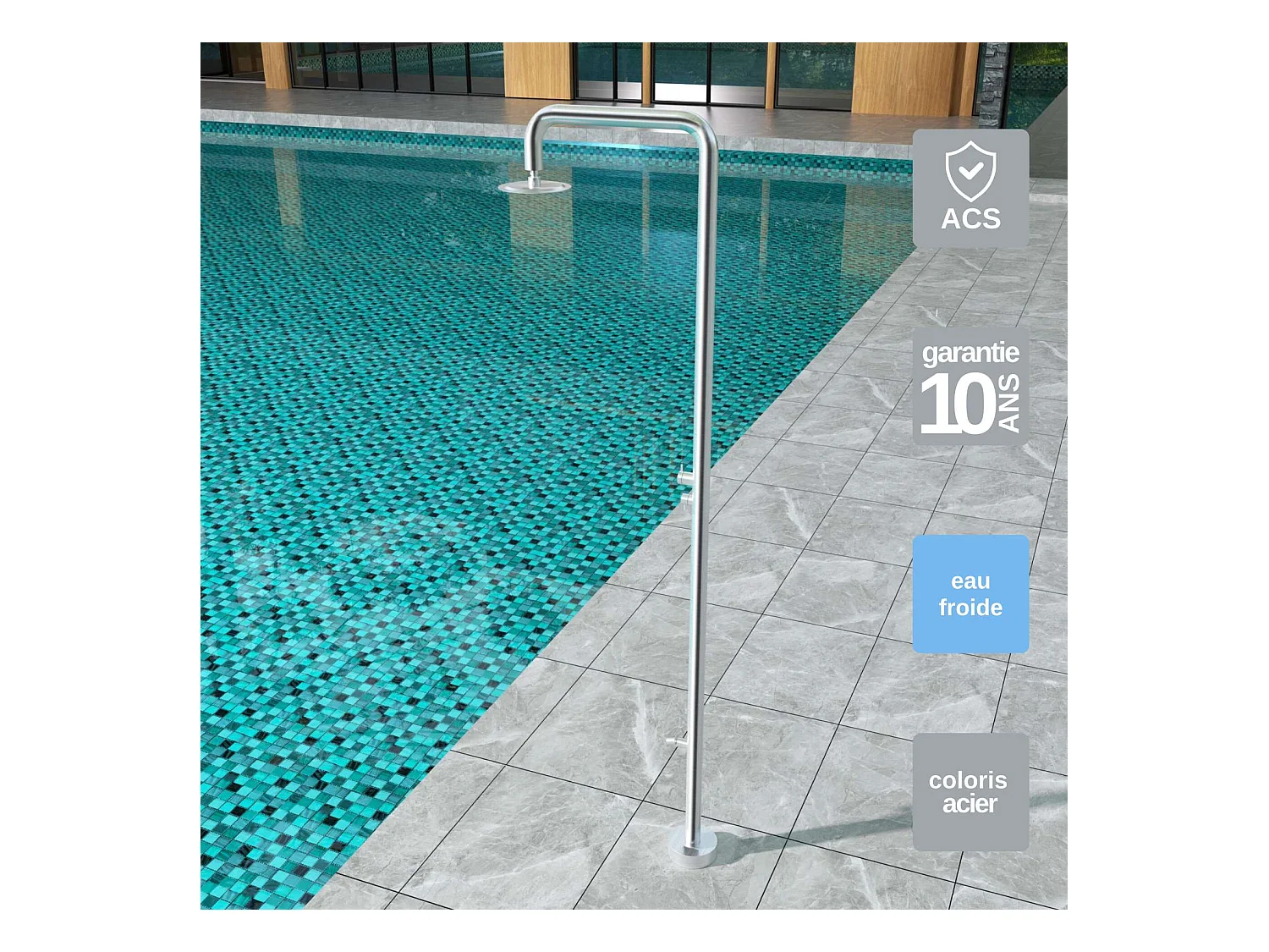 Douche de piscine Michigan en Acier Inox.S316 – Tête Ø25cm /Corps Ø50mm/H. 2,40m – Garantie 10 ans - POOLIMEX