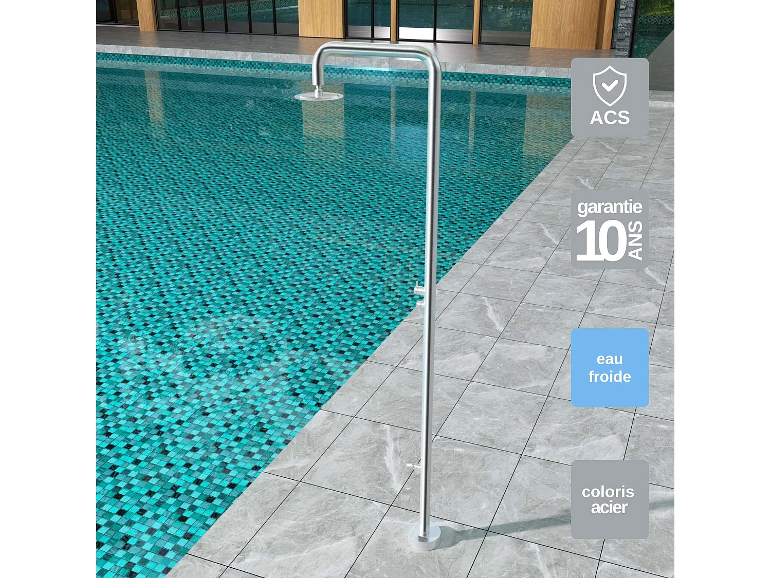 Douche de piscine Michigan en Acier Inox.S316 – Tête Ø25cm /Corps Ø50mm/H. 2,40m – Garantie 10 ans - POOLIMEX