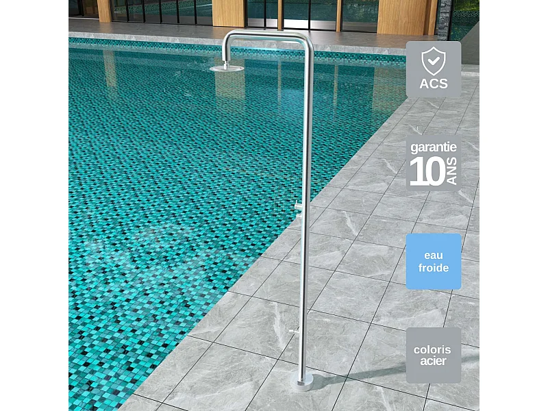 Douche de piscine Michigan en Acier Inox.S316 – Tête Ø25cm /Corps Ø50mm/H. 2,40m – Garantie 10 ans - POOLIMEX