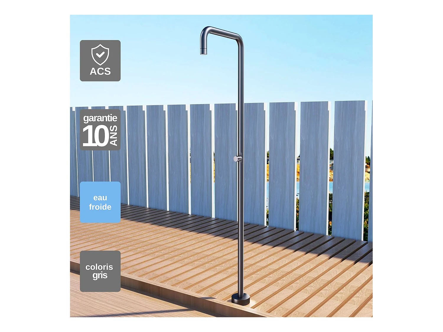 Douche de piscine Utah en Acier Inox.S316 Gris Cobalt – Tête Ø50cm /Corps Ø50mm/H. 2,36m – Garantie 10 ans - POOLIMEX