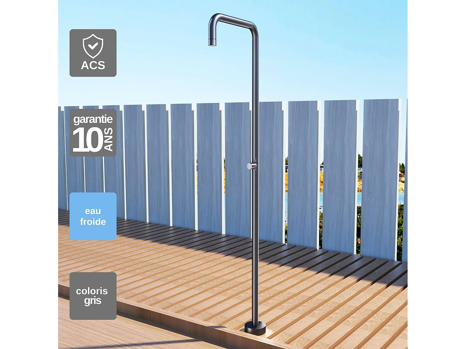 Douche de piscine Utah en Acier Inox.S316 Gris Cobalt – Tête Ø50cm /Corps Ø50mm/H. 2,36m – Garantie 10 ans - POOLIMEX