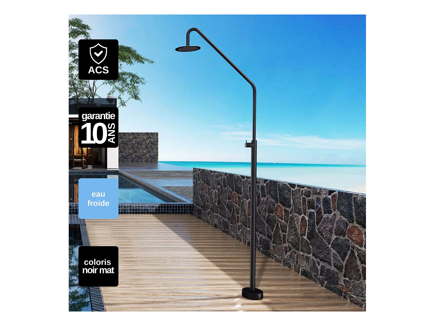 Douche de piscine Alaska en Acier Inox.S316 Noir Mat – Tête Ø25cm /Corps Ø42mm/H. 2,25m – Garantie 10 ans - POOLIMEX