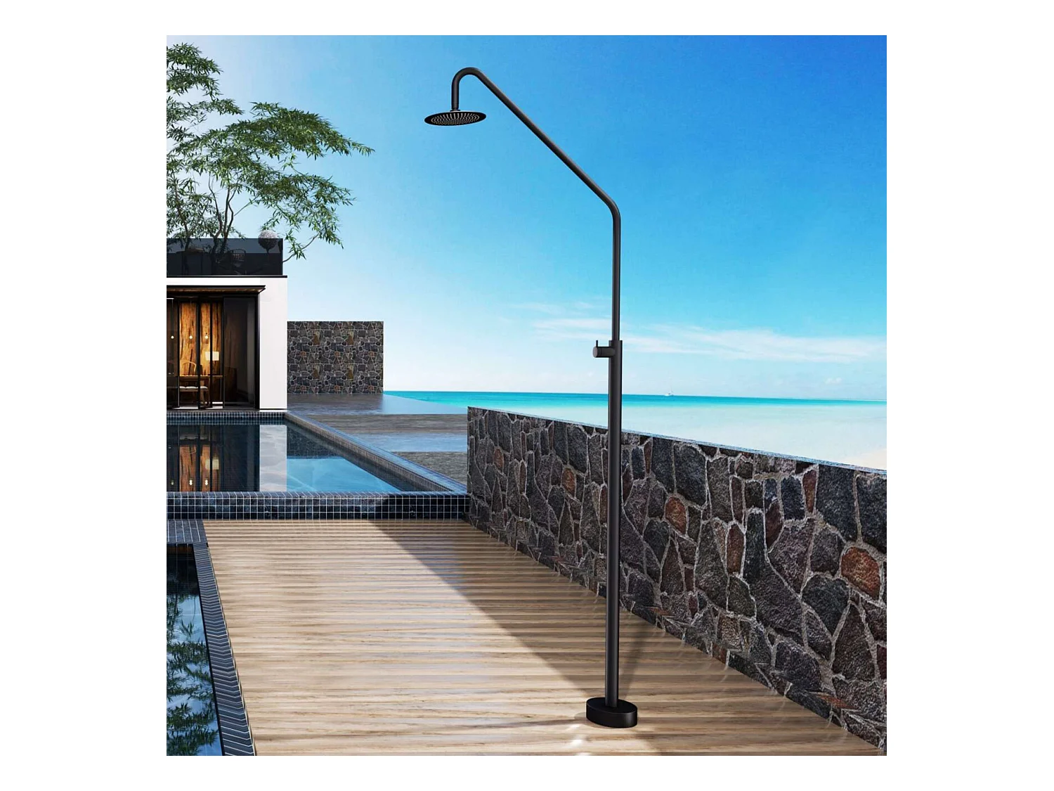 Douche de piscine Alaska en Acier Inox.S316 Noir Mat – Tête Ø25cm /Corps Ø42mm/H. 2,25m – Garantie 10 ans - POOLIMEX