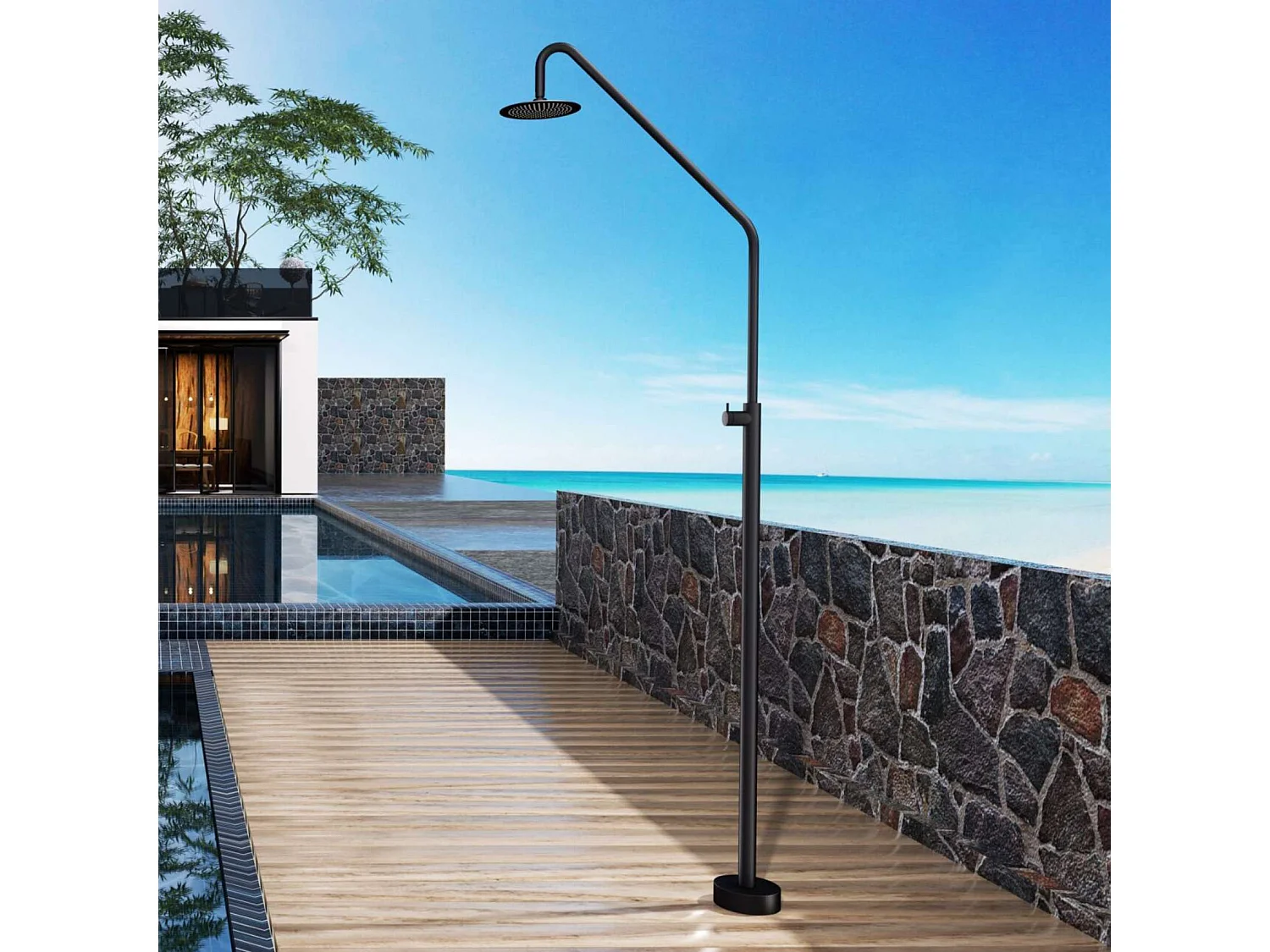 Douche de piscine Alaska en Acier Inox.S316 Noir Mat – Tête Ø25cm /Corps Ø42mm/H. 2,25m – Garantie 10 ans - POOLIMEX