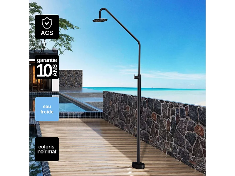 Douche de piscine Alaska en Acier Inox.S316 Noir Mat – Tête Ø25cm /Corps Ø42mm/H. 2,25m – Garantie 10 ans - POOLIMEX