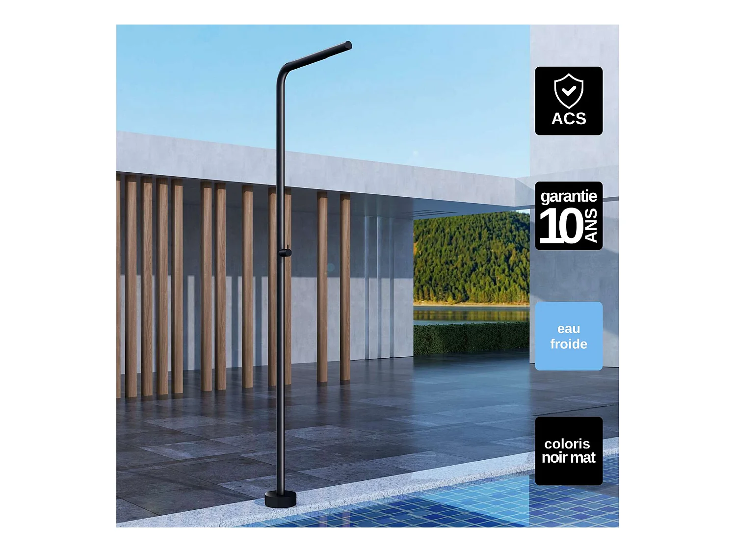 Douche de piscine Texas en Acier Inox.S316 Noir Mat – Tête Ø42mm /Corps Ø42mm/H. 2,20m – Garantie 10 ans - POOLIMEX