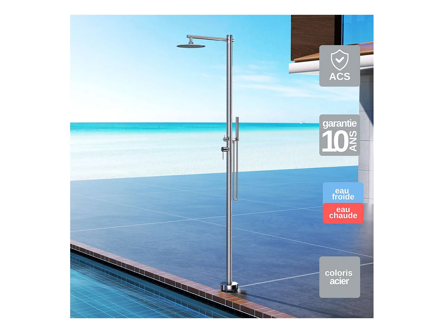 Douche de piscine Kansas en Acier Inox.S316 – Tête Ø25cm /Corps Ø50mm/H. 2,20m – Garantie 10 ans - POOLIMEX
