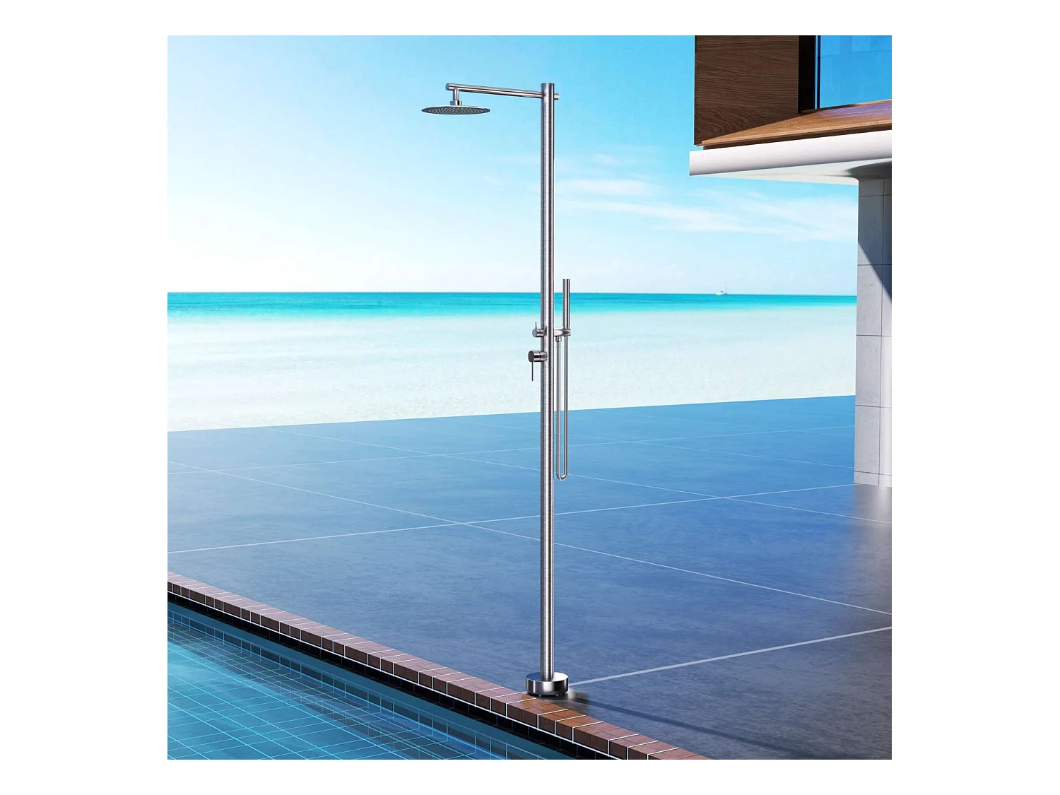 Douche de piscine Kansas en Acier Inox.S316 – Tête Ø25cm /Corps Ø50mm/H. 2,20m – Garantie 10 ans - POOLIMEX