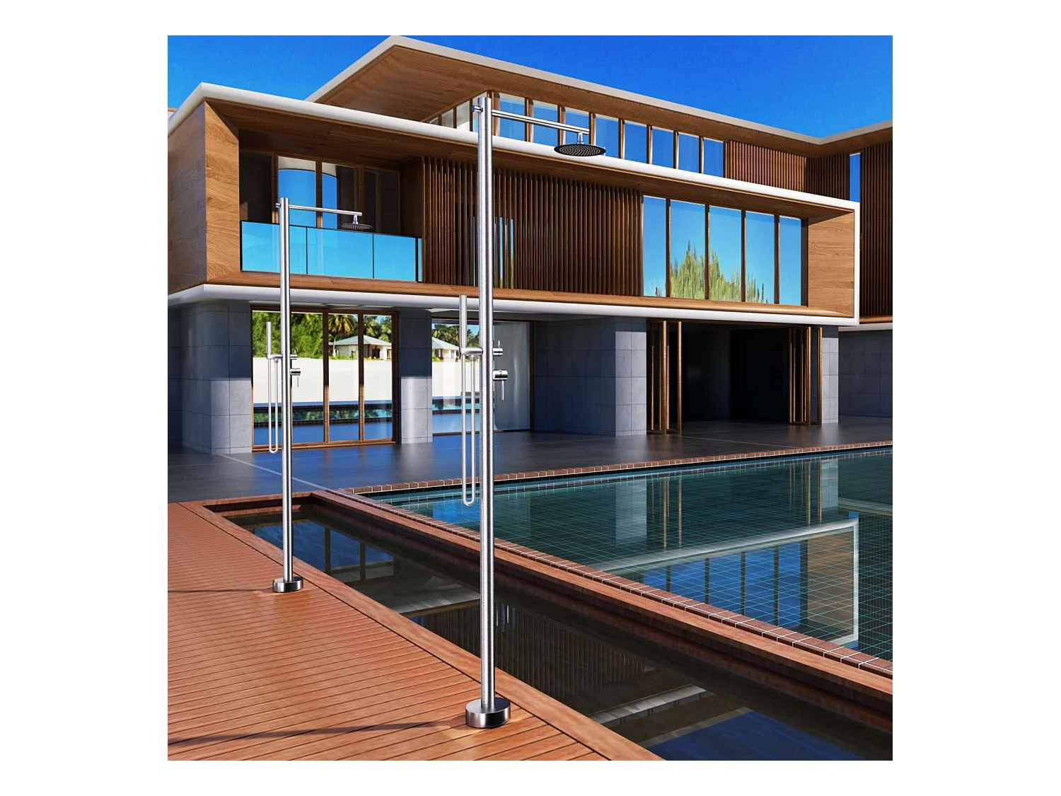 Douche de piscine Kansas en Acier Inox.S316 – Tête Ø25cm /Corps Ø50mm/H. 2,20m – Garantie 10 ans - POOLIMEX