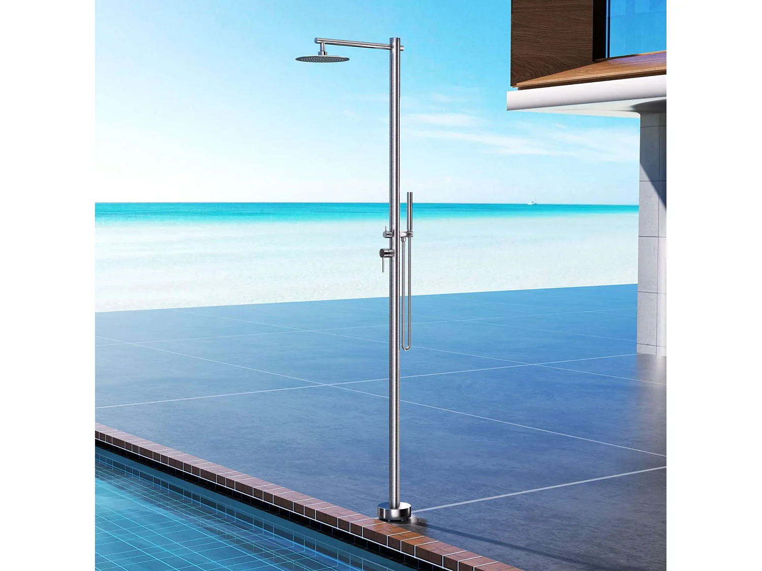 Douche de piscine Kansas en Acier Inox.S316 – Tête Ø25cm /Corps Ø50mm/H. 2,20m – Garantie 10 ans - POOLIMEX