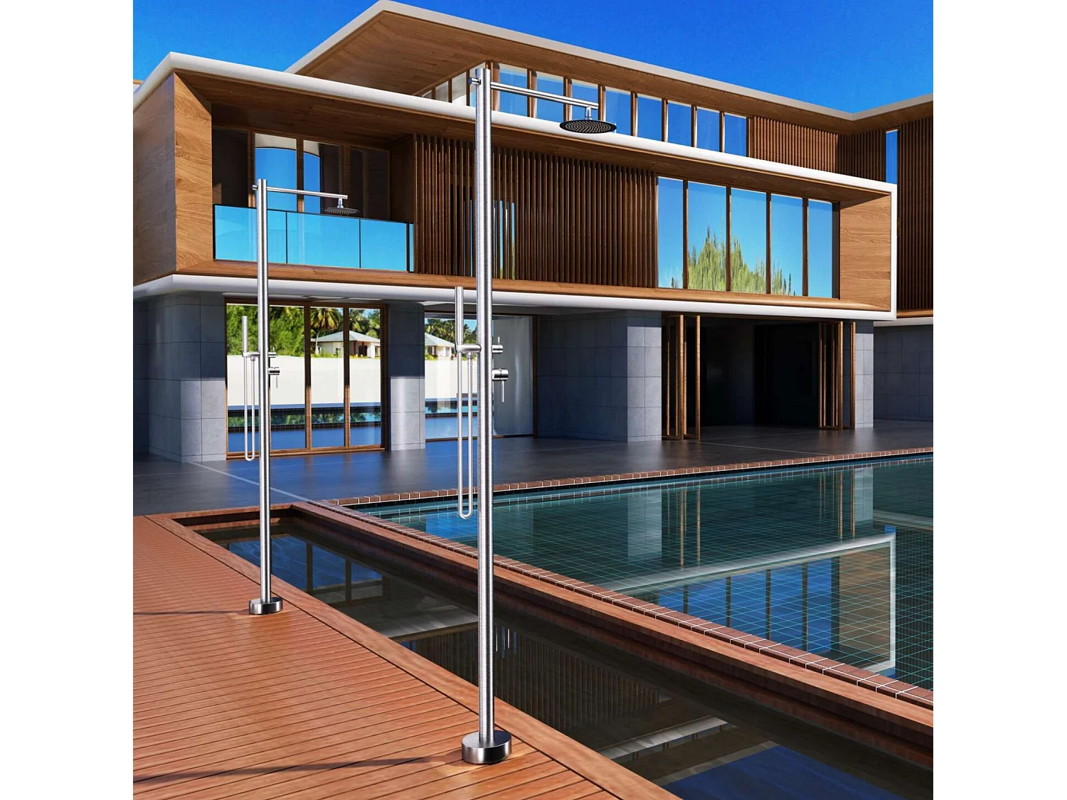 Douche de piscine Kansas en Acier Inox.S316 – Tête Ø25cm /Corps Ø50mm/H. 2,20m – Garantie 10 ans - POOLIMEX