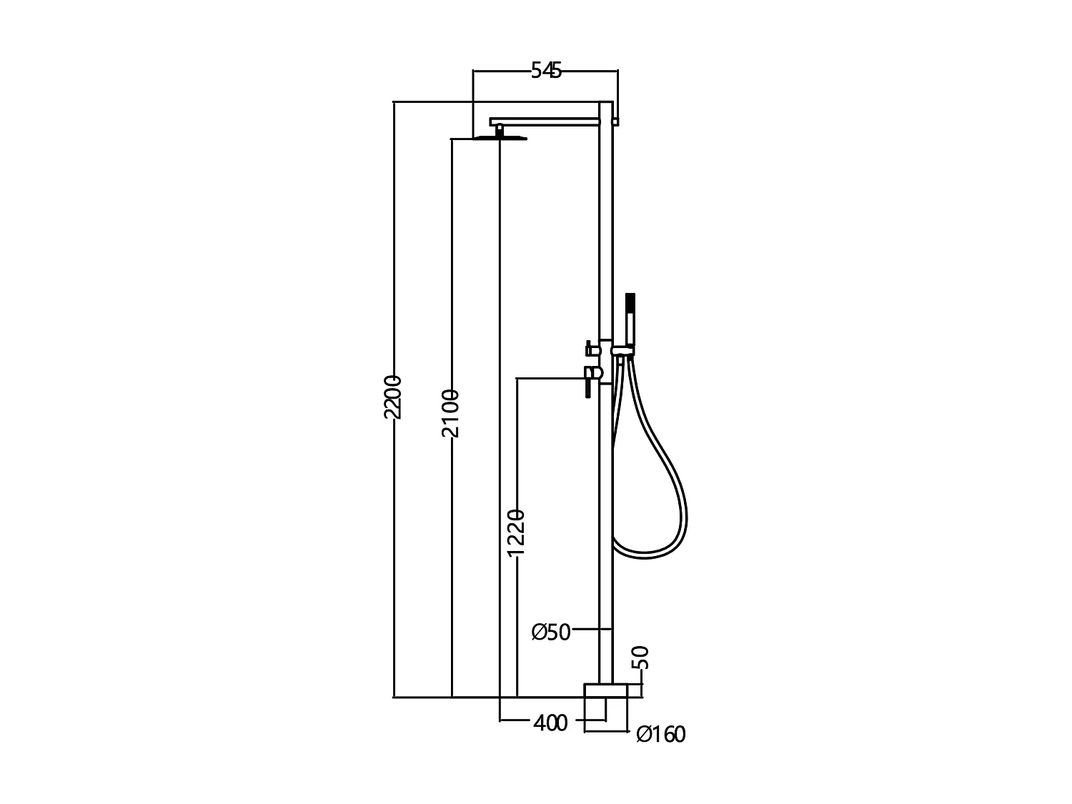 Douche de piscine Kansas en Acier Inox.S316 – Tête Ø25cm /Corps Ø50mm/H. 2,20m – Garantie 10 ans - POOLIMEX