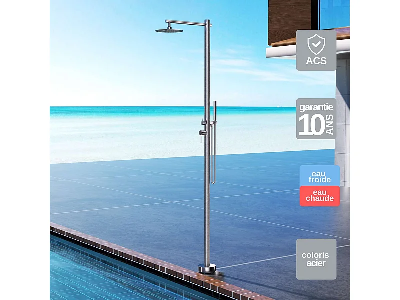 Douche de piscine Kansas en Acier Inox.S316 – Tête Ø25cm /Corps Ø50mm/H. 2,20m – Garantie 10 ans - POOLIMEX