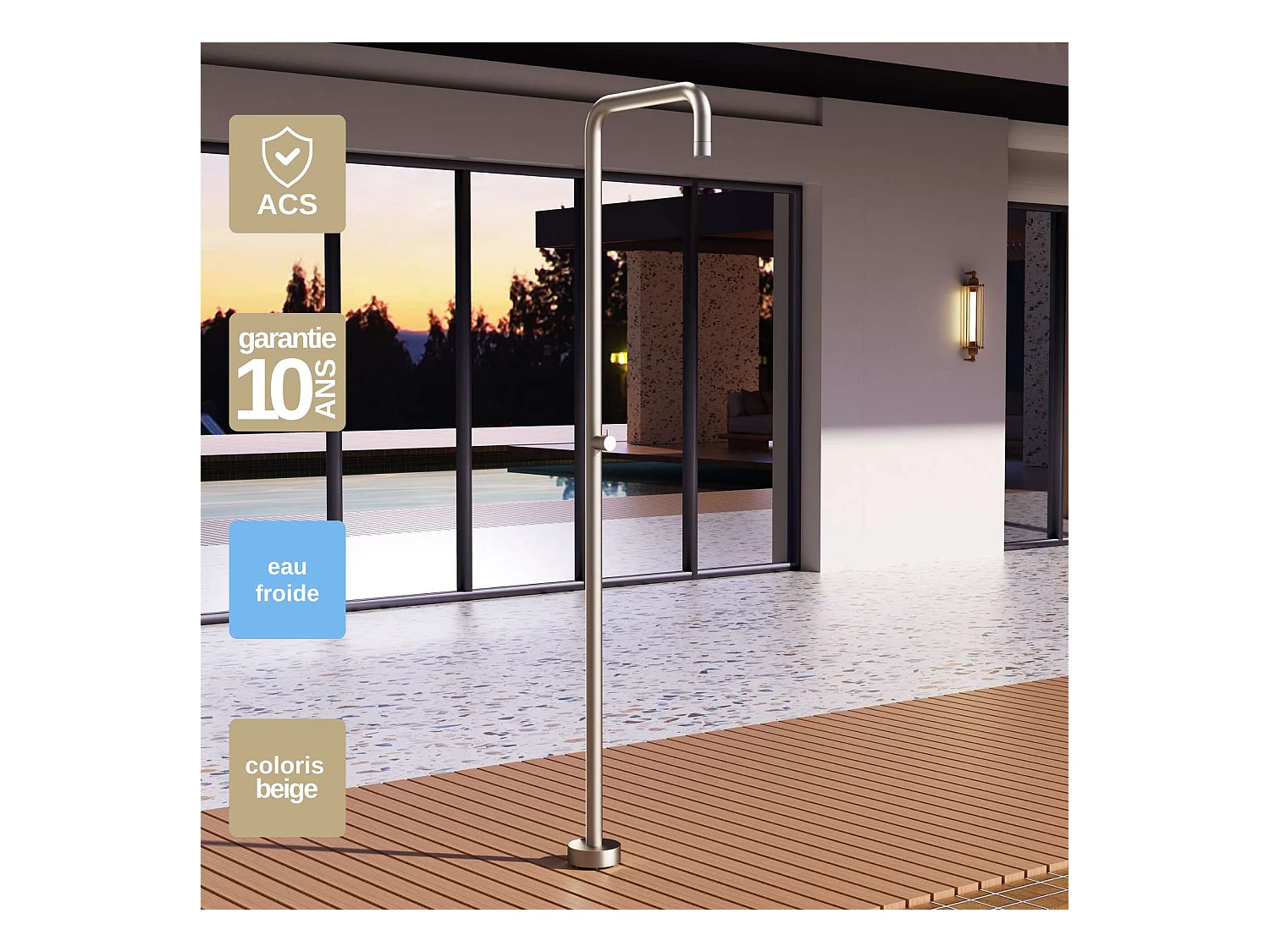 Douche de piscine Utah en Acier Inox.S316 Moka – Tête Ø50cm /Corps Ø50mm/H. 2,36m – Garantie 10 ans - POOLIMEX