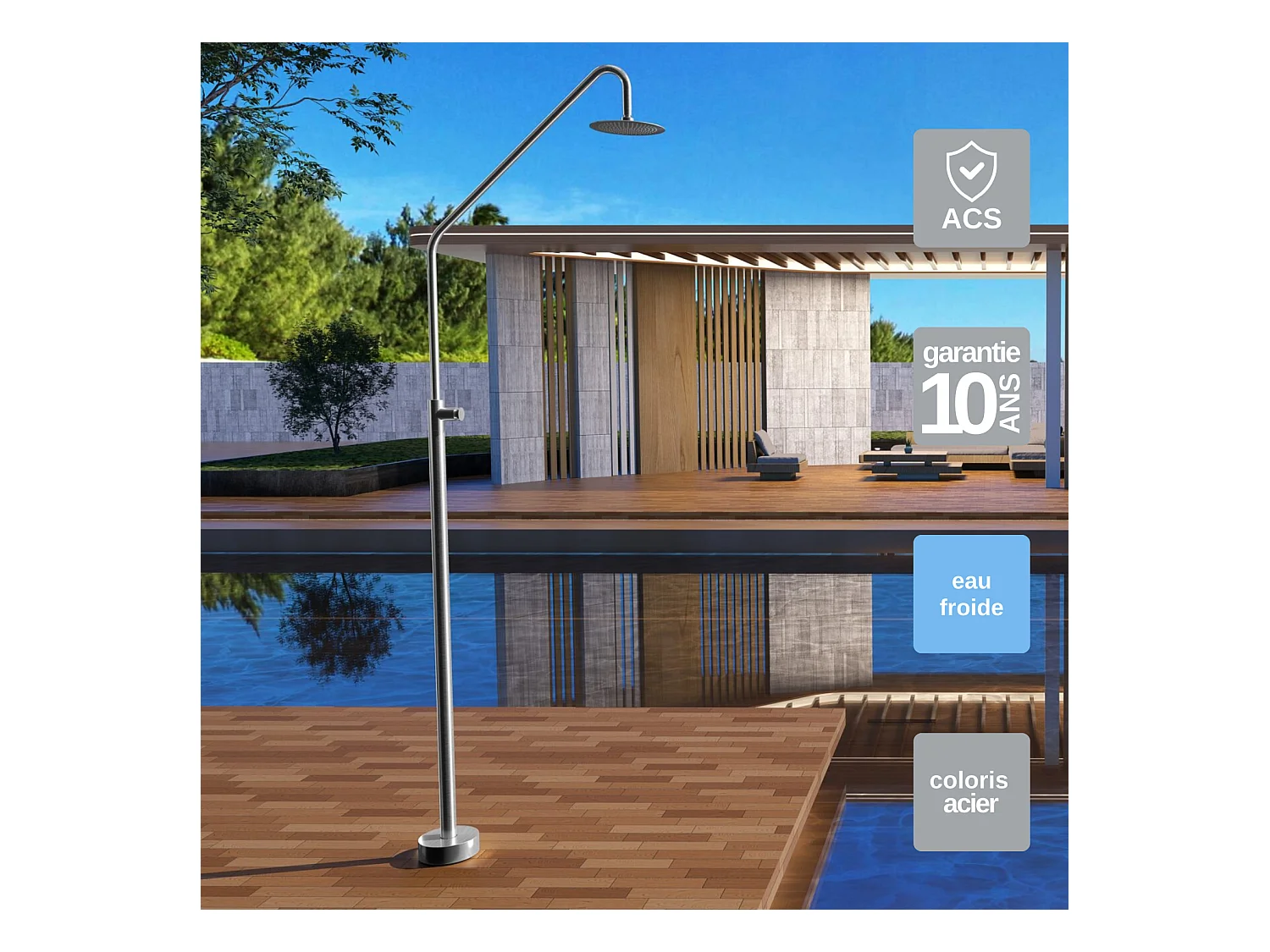 Douche de piscine Colarado en Acier Inox.S316 –Temporisé -Tête Ø25cm /Corps Ø42mm/H. 2,25m – Garantie 10 ans - POOLIMEX