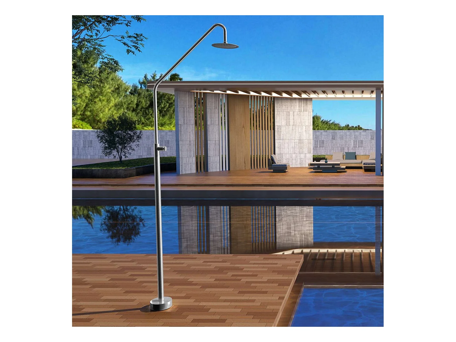 Douche de piscine Colarado en Acier Inox.S316 –Temporisé -Tête Ø25cm /Corps Ø42mm/H. 2,25m – Garantie 10 ans - POOLIMEX