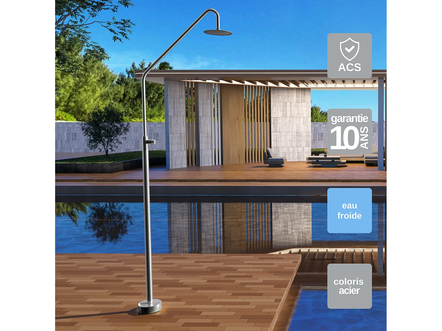 Douche de piscine Colarado en Acier Inox.S316 –Temporisé -Tête Ø25cm /Corps Ø42mm/H. 2,25m – Garantie 10 ans - POOLIMEX