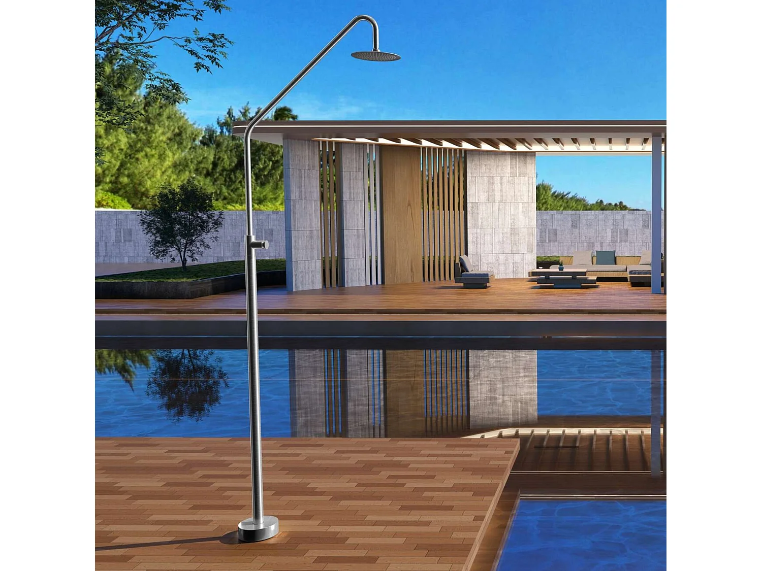 Douche de piscine Colarado en Acier Inox.S316 –Temporisé -Tête Ø25cm /Corps Ø42mm/H. 2,25m – Garantie 10 ans - POOLIMEX