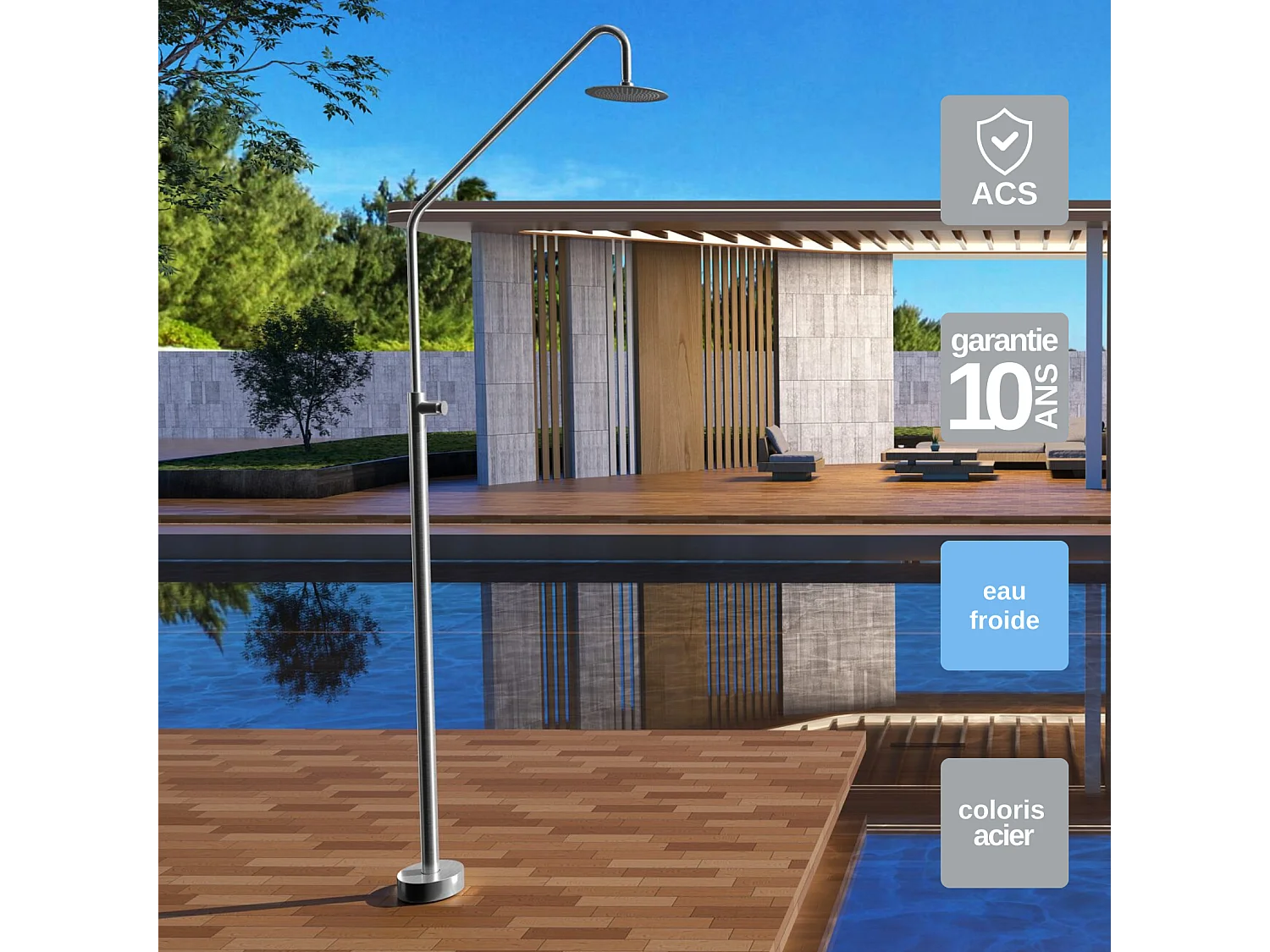 Douche de piscine Colarado en Acier Inox.S316 –Temporisé -Tête Ø25cm /Corps Ø42mm/H. 2,25m – Garantie 10 ans - POOLIMEX