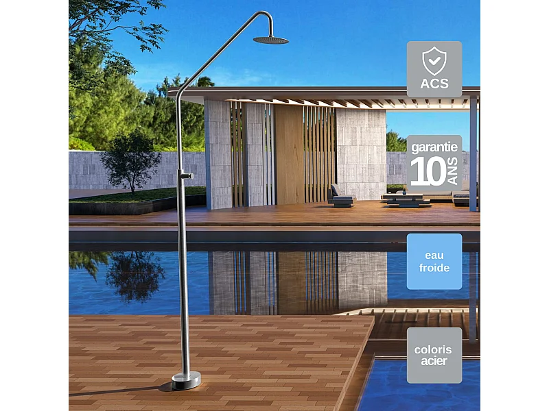 Douche de piscine Colarado en Acier Inox.S316 –Temporisé -Tête Ø25cm /Corps Ø42mm/H. 2,25m – Garantie 10 ans - POOLIMEX