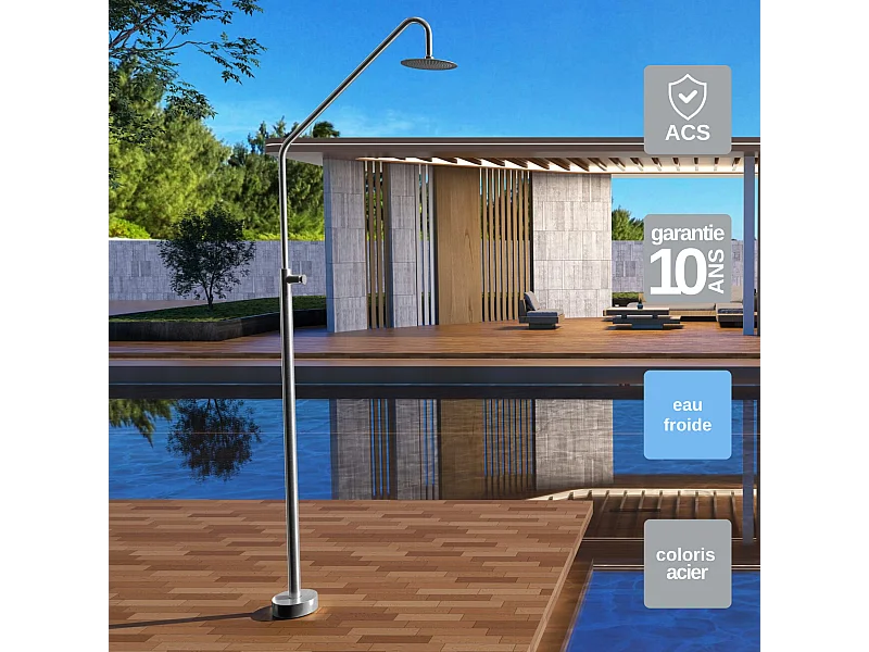 Douche de piscine Colarado en Acier Inox.S316 –Temporisé -Tête Ø25cm /Corps Ø42mm/H. 2,25m – Garantie 10 ans - POOLIMEX