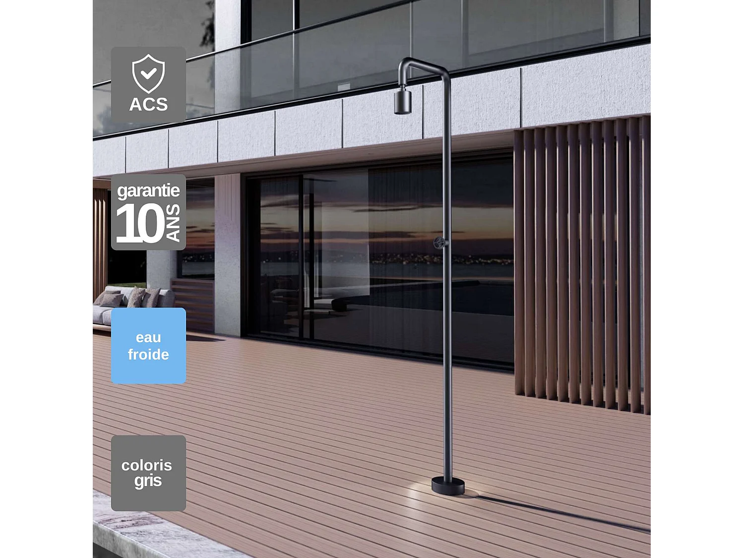 Douche de piscine Pool en Acier Inox.S316  Gris Cobalt – Tête Ø80mm /Corps Ø42mm/H. 2,36m – Garantie 10 ans - POOLIMEX