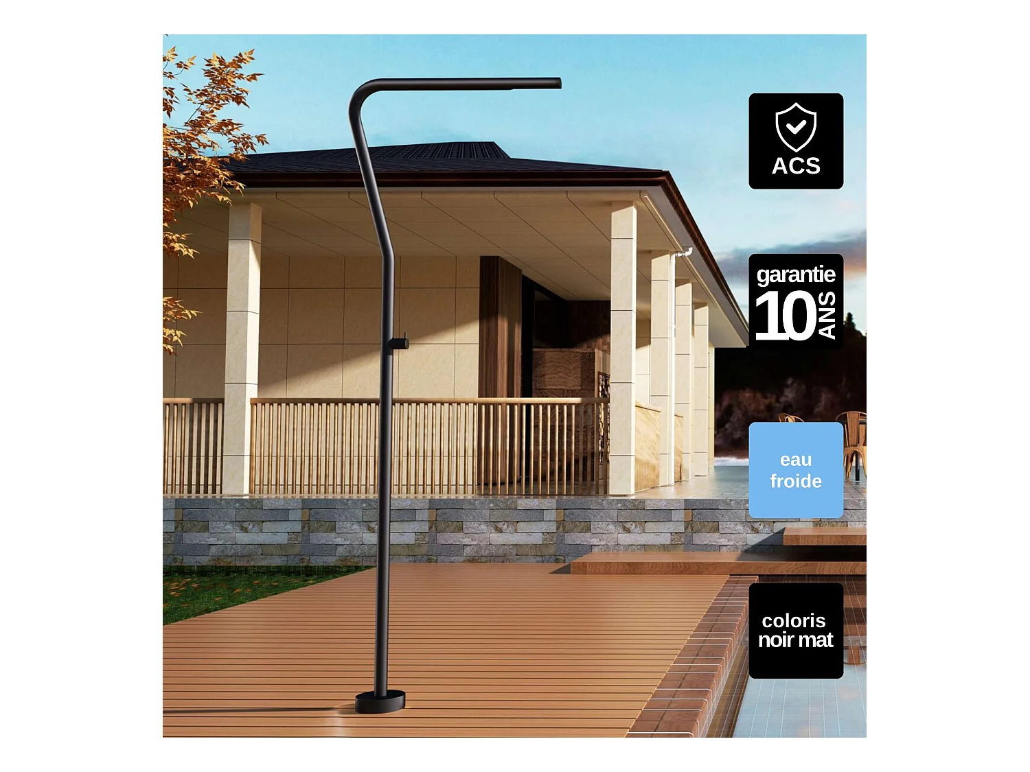 Douche de piscine Nevada en Acier Inox.S316 Noir Mat – Tête Ø42mm /Corps Ø42mm/H. 2,18m – Garantie 10 ans - POOLIMEX