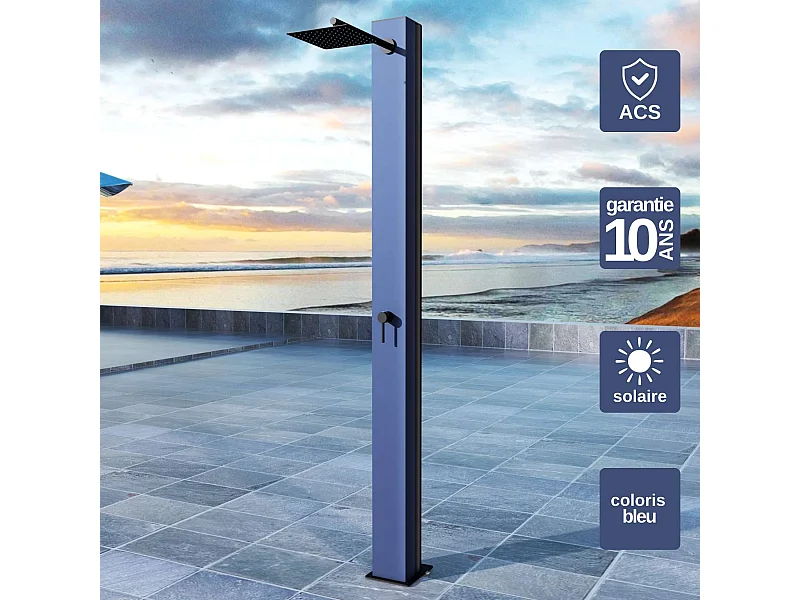 Douche de piscine Phoénix en Acier Inox.S316 Bleu Océan- Solaire – Tête 25x25cm /Corps 20x20cm/H.2,21m – POOLIMEX