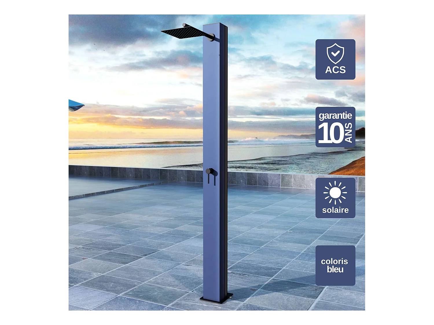 Douche de piscine Phoénix en Acier Inox.S316 Bleu Océan- Solaire – Tête 25x25cm /Corps 20x20cm/H.2,21m – POOLIMEX