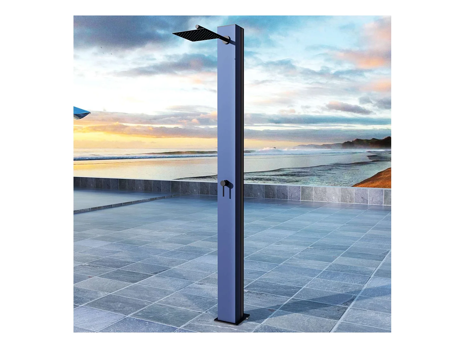 Douche de piscine Phoénix en Acier Inox.S316 Bleu Océan- Solaire – Tête 25x25cm /Corps 20x20cm/H.2,21m – POOLIMEX