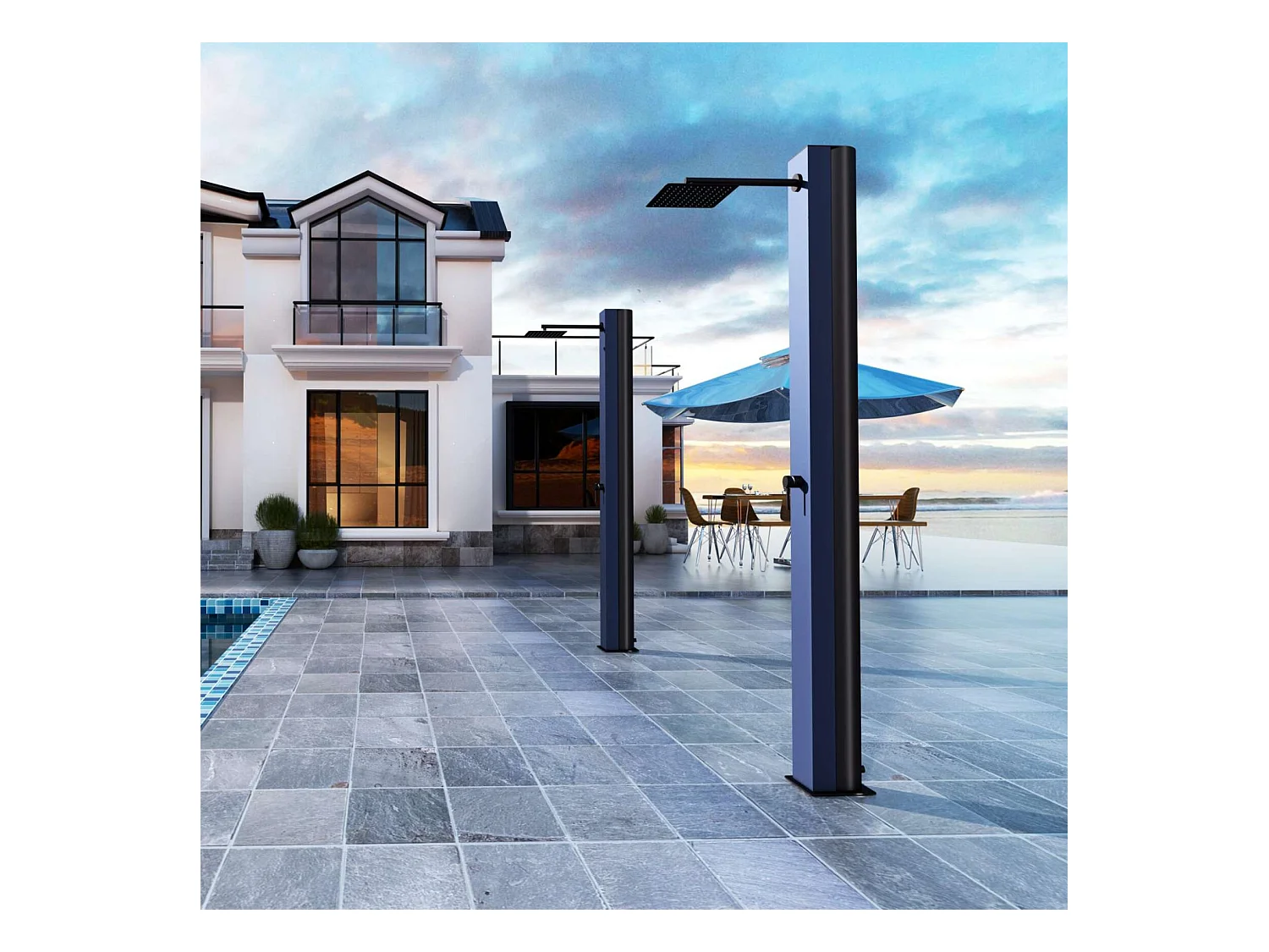 Douche de piscine Phoénix en Acier Inox.S316 Bleu Océan- Solaire – Tête 25x25cm /Corps 20x20cm/H.2,21m – POOLIMEX