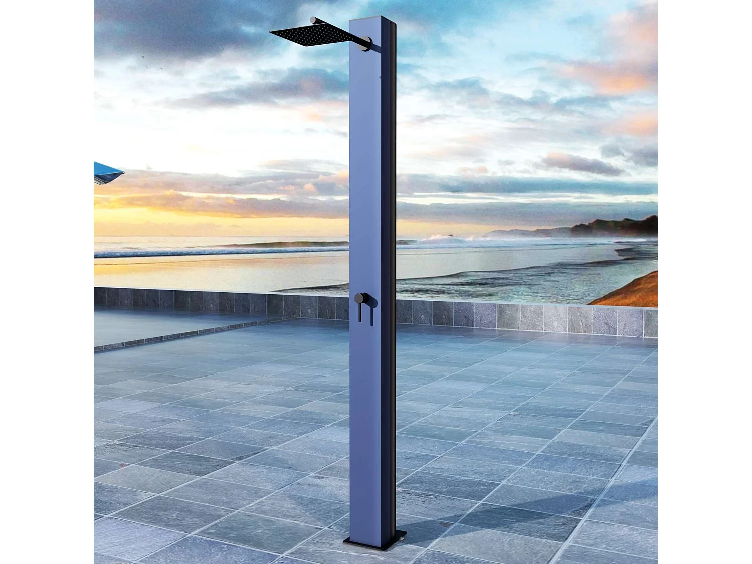 Douche de piscine Phoénix en Acier Inox.S316 Bleu Océan- Solaire – Tête 25x25cm /Corps 20x20cm/H.2,21m – POOLIMEX