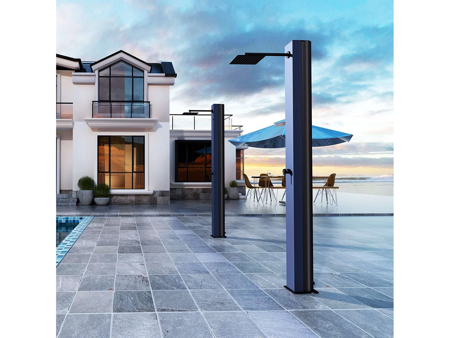 Douche de piscine Phoénix en Acier Inox.S316 Bleu Océan- Solaire – Tête 25x25cm /Corps 20x20cm/H.2,21m – POOLIMEX