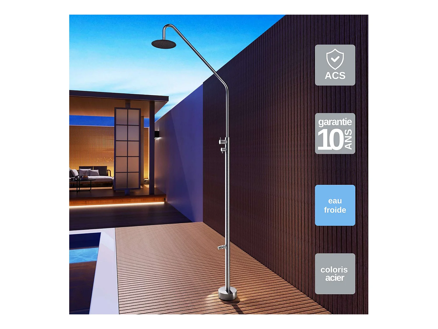 Douche de piscine Dakota en Acier Inox.S316 – Tête Ø25cm /Corps Ø42mm/H. 2,32m – Garantie 10 ans - POOLIMEX