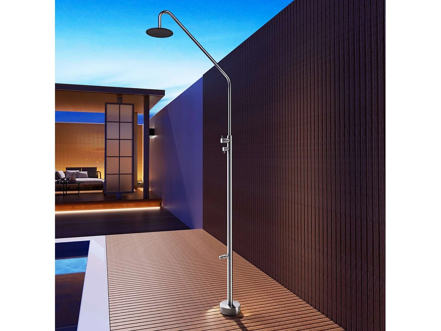 Douche de piscine Dakota en Acier Inox.S316 – Tête Ø25cm /Corps Ø42mm/H. 2,32m – Garantie 10 ans - POOLIMEX