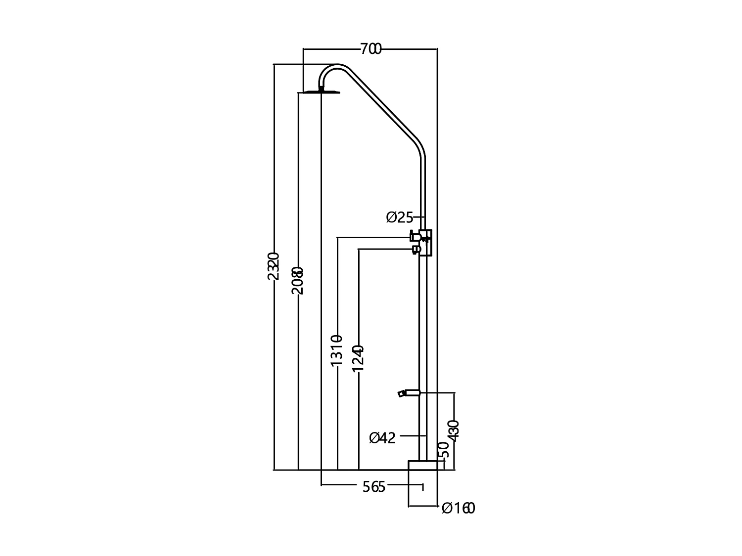 Douche de piscine Dakota en Acier Inox.S316 – Tête Ø25cm /Corps Ø42mm/H. 2,32m – Garantie 10 ans - POOLIMEX