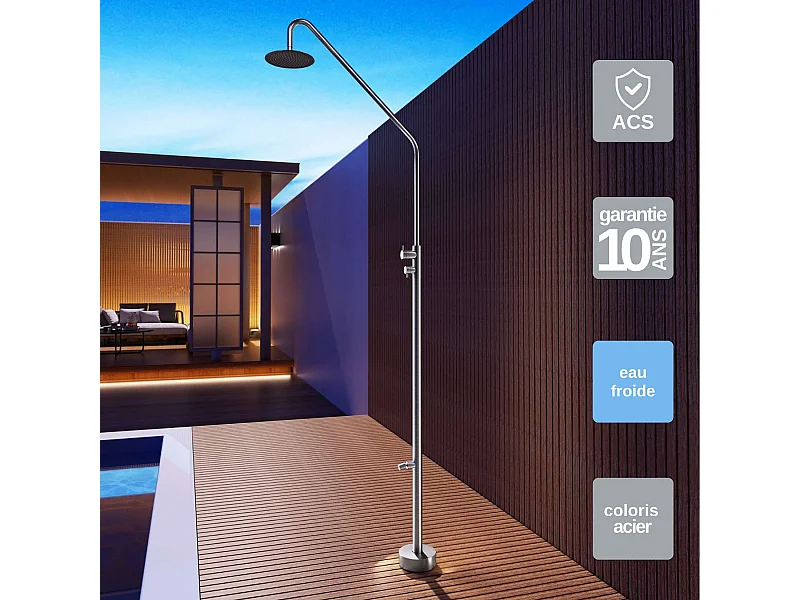 Douche de piscine Dakota en Acier Inox.S316 – Tête Ø25cm /Corps Ø42mm/H. 2,32m – Garantie 10 ans - POOLIMEX
