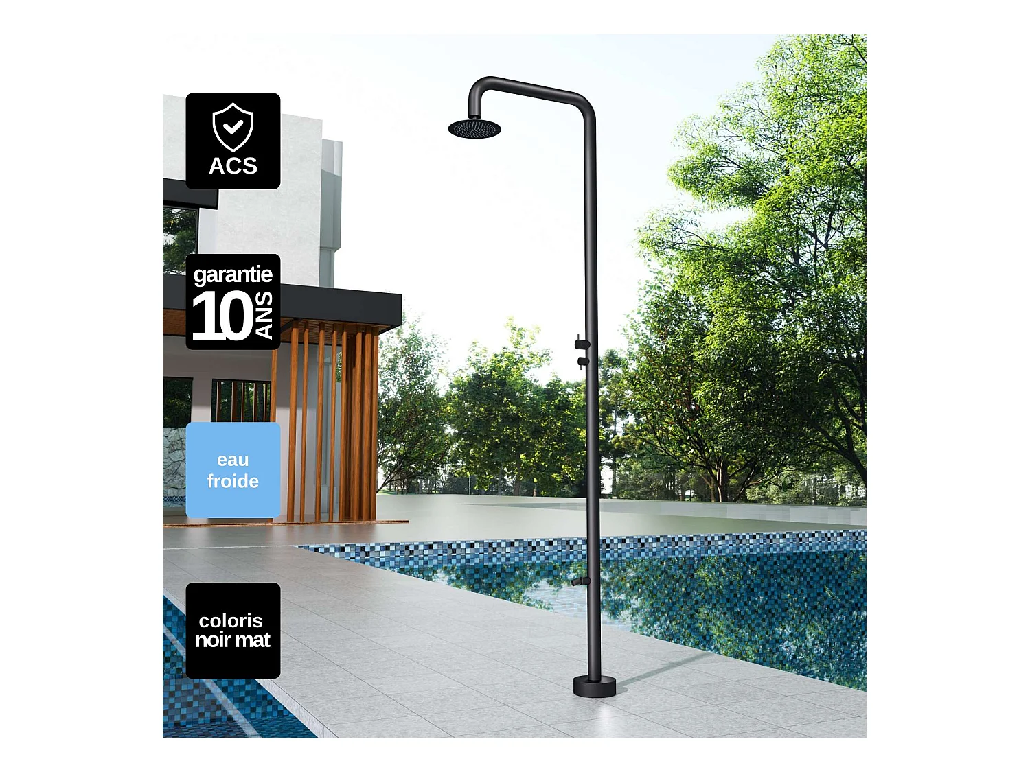Douche de piscine Michigan en Acier Inox.S316 Noir Mat – Tête Ø25cm /Corps Ø50mm/H. 2,40m – Garantie 10 ans - POOLIMEX