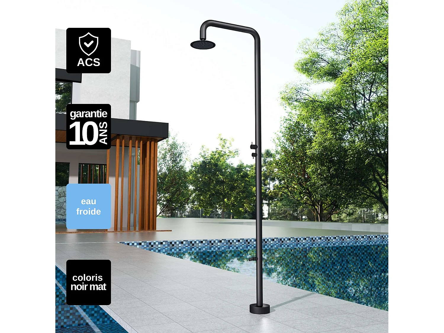 Douche de piscine Michigan en Acier Inox.S316 Noir Mat – Tête Ø25cm /Corps Ø50mm/H. 2,40m – Garantie 10 ans - POOLIMEX