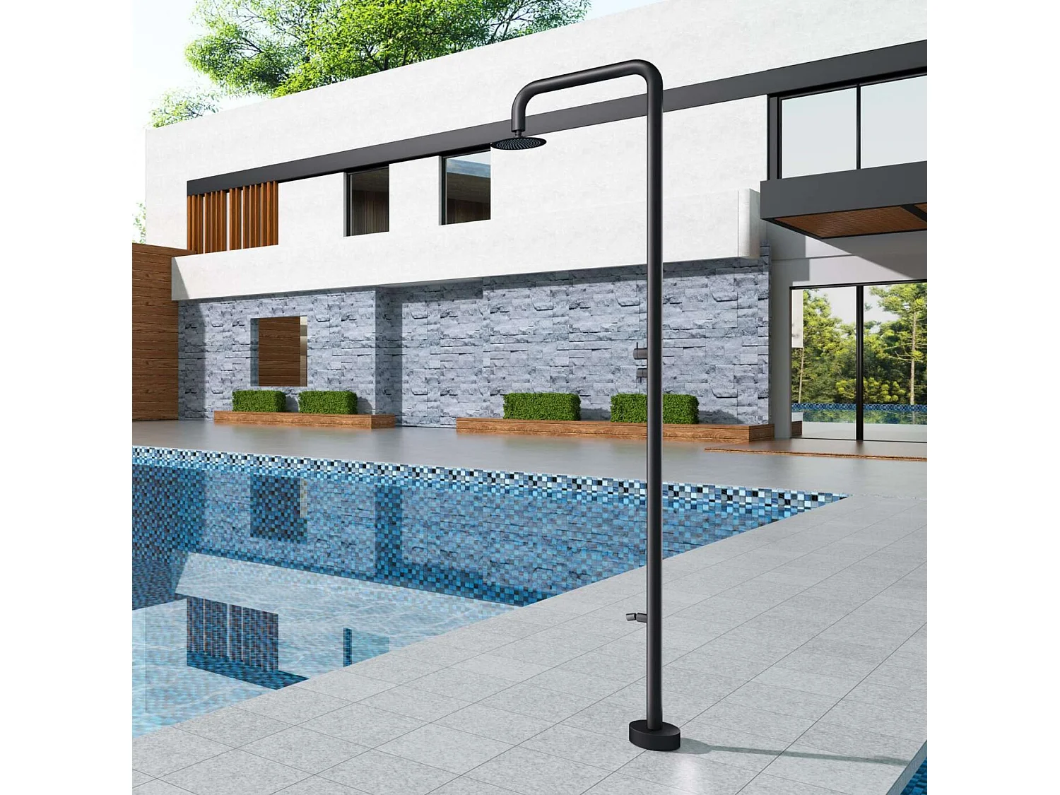 Douche de piscine Michigan en Acier Inox.S316 Noir Mat – Tête Ø25cm /Corps Ø50mm/H. 2,40m – Garantie 10 ans - POOLIMEX