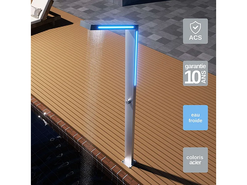 Douche de piscine Sense Éclairage Led en Acier Inox.S316 – Tête 54mm /H. 2,07m – Garantie 10 ans - POOLIMEX