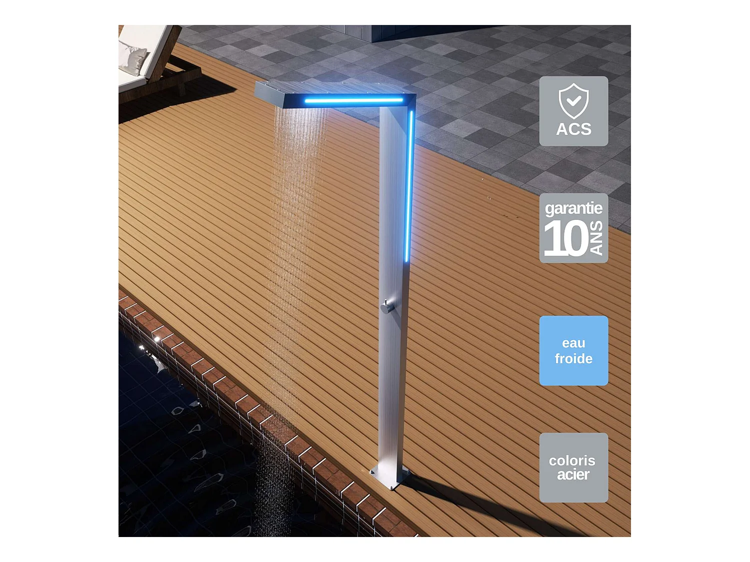 Douche de piscine Sense Éclairage Led en Acier Inox.S316 – Tête 54mm /H. 2,07m – Garantie 10 ans - POOLIMEX