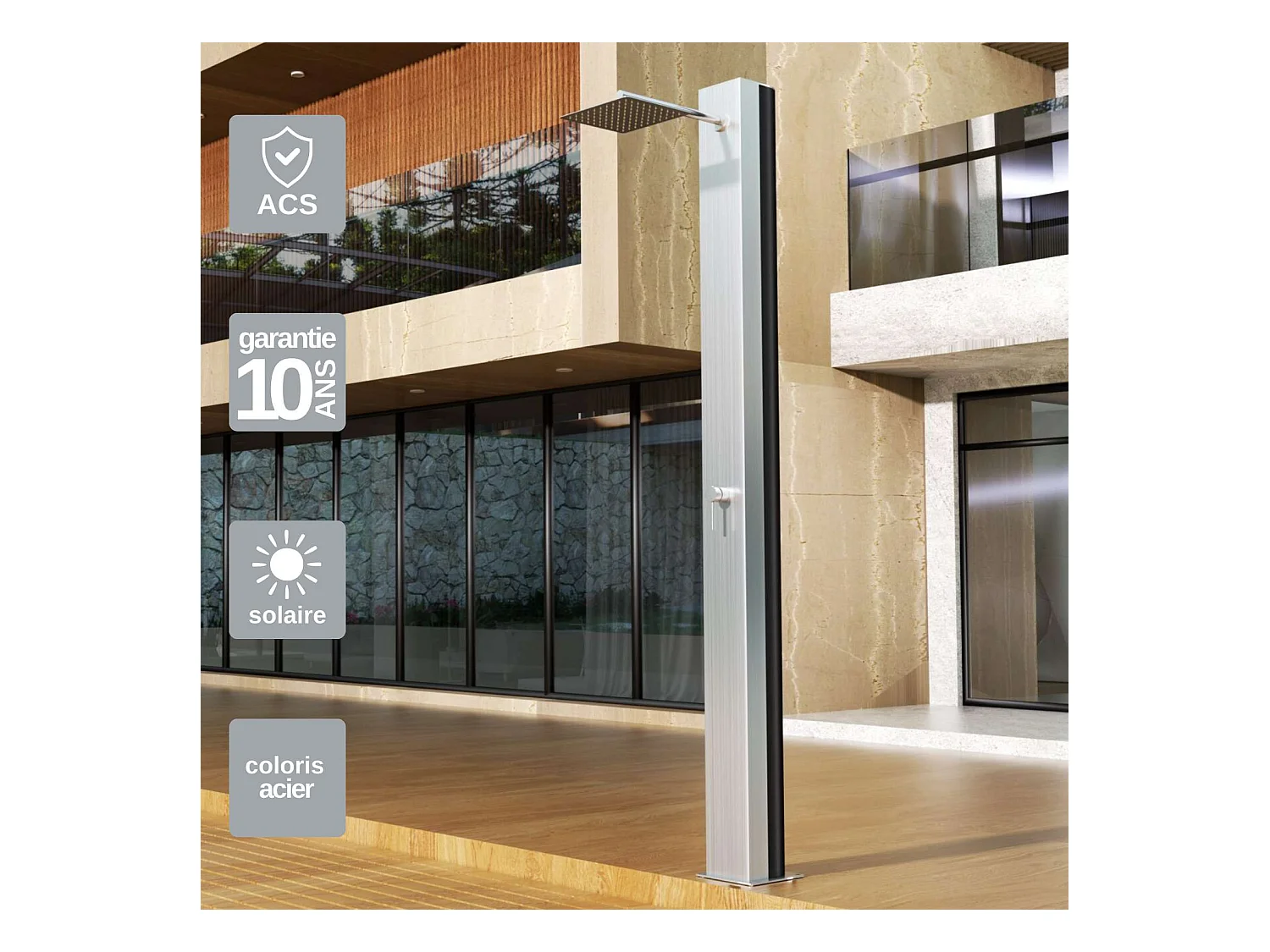 Douche de piscine Phoénix en Acier Inox.S316 - Solaire - Tête 25x25cm /Corps 20x20cm/H.2,21m – POOLIMEX