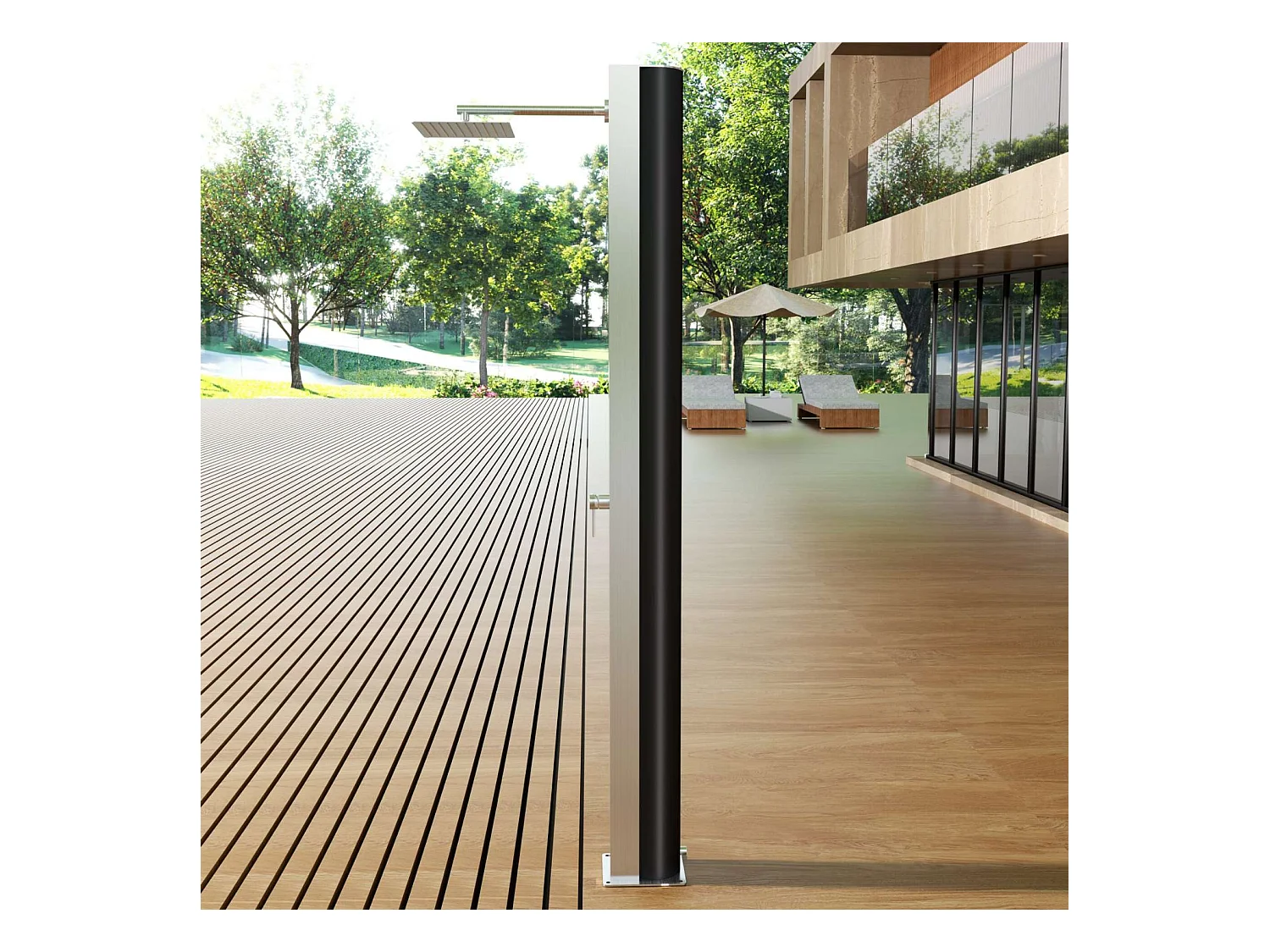 Douche de piscine Phoénix en Acier Inox.S316 - Solaire - Tête 25x25cm /Corps 20x20cm/H.2,21m – POOLIMEX