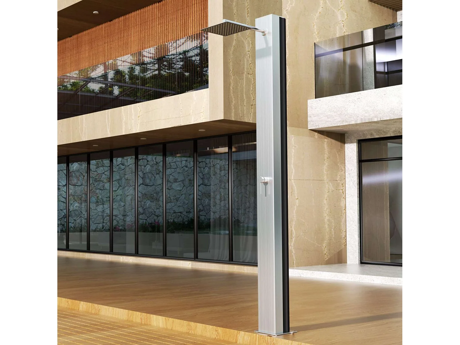 Douche de piscine Phoénix en Acier Inox.S316 - Solaire - Tête 25x25cm /Corps 20x20cm/H.2,21m – POOLIMEX