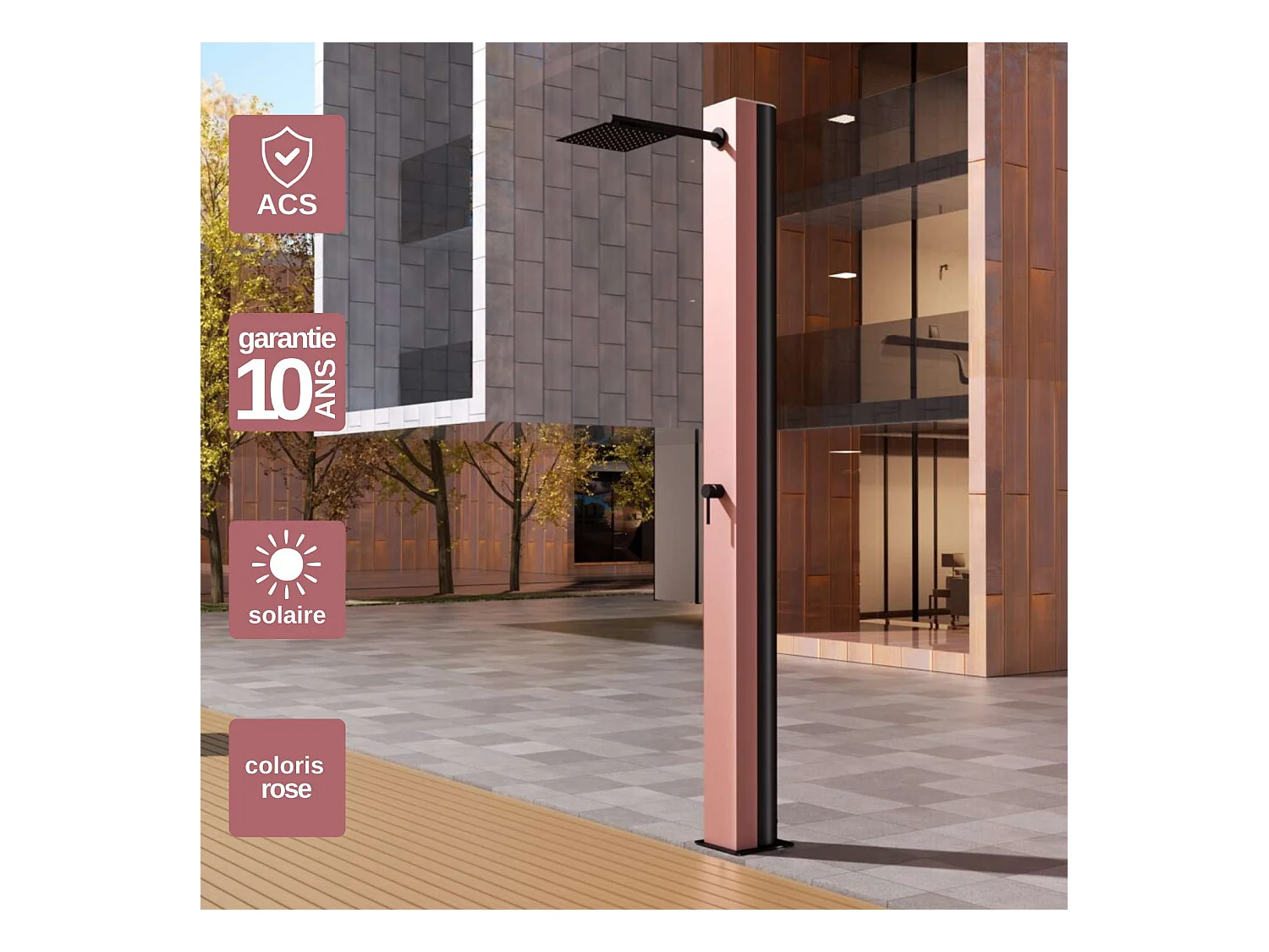 Douche de piscine Phoénix en Acier Inox.S316 Rose Corail - Solaire – Tête 25x25cm /Corps 20x20cm/H.2,21m – POOLIMEX