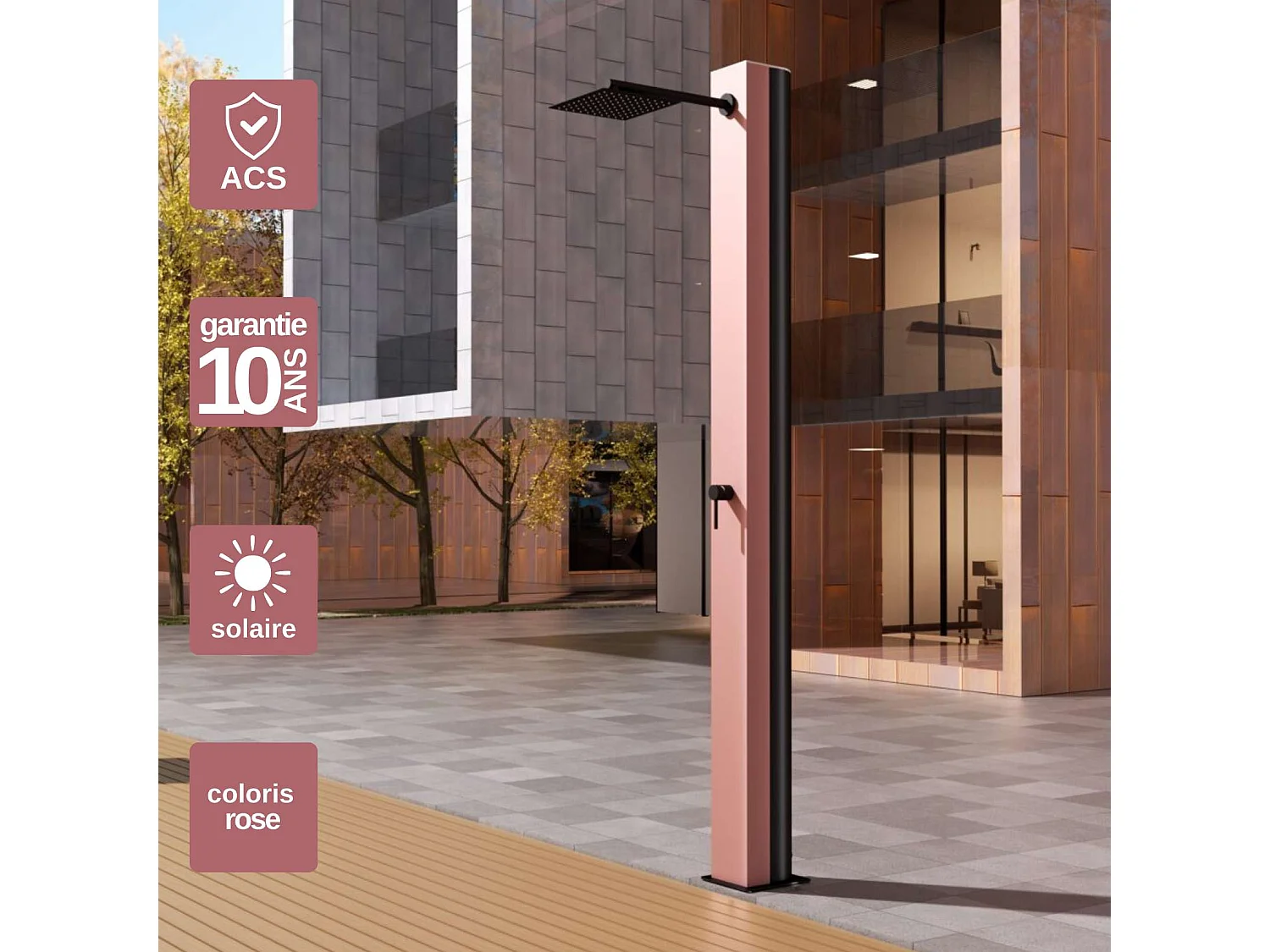 Douche de piscine Phoénix en Acier Inox.S316 Rose Corail - Solaire – Tête 25x25cm /Corps 20x20cm/H.2,21m – POOLIMEX